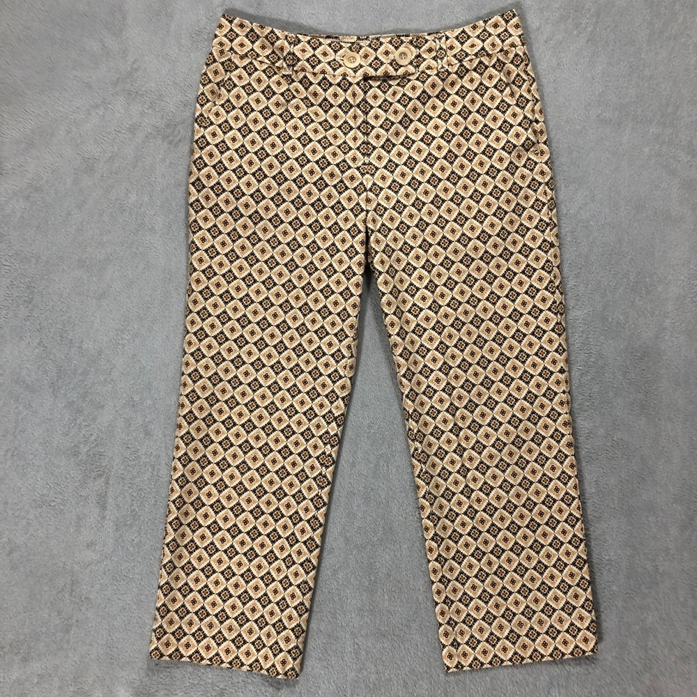 Talbots Stretch Patterned Crop Pants Geometric Print Beige Brown Trousers Size 8